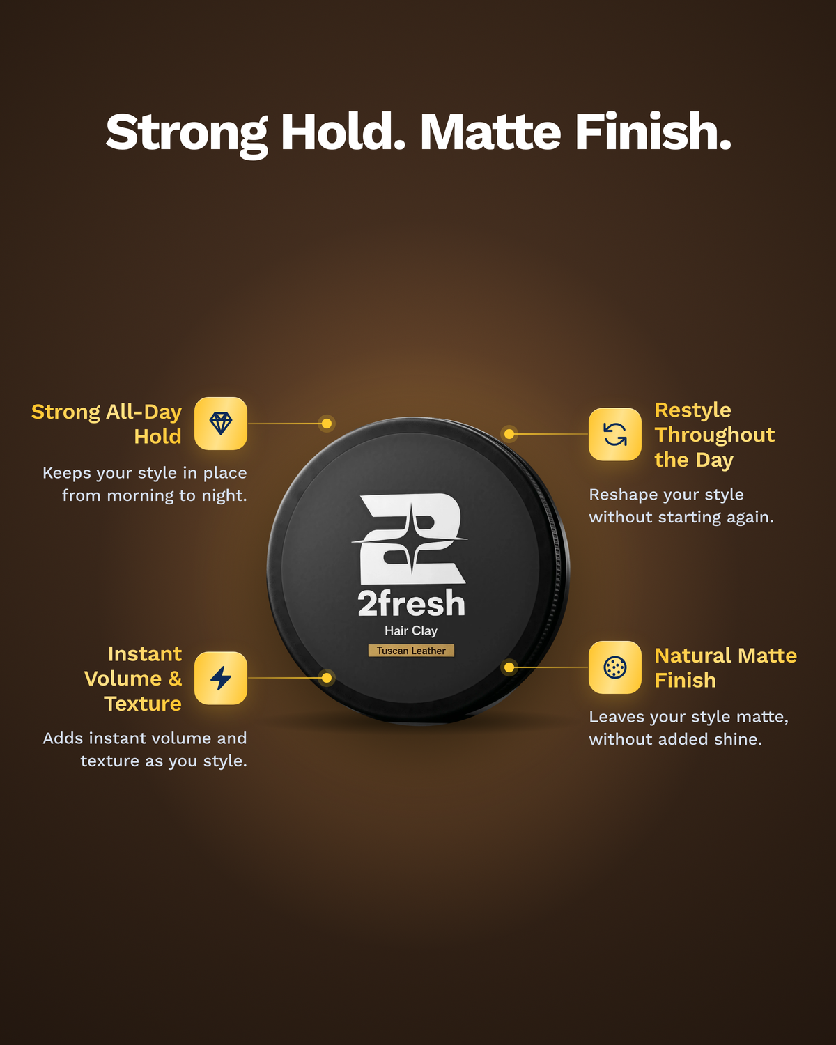 2fresh Hair Clay benefits: strong all-day hold, restyle throughout the day, instant volume and texture, natural matte finish