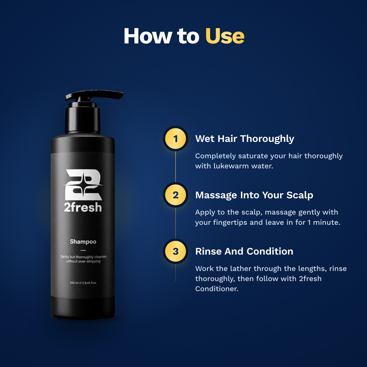 How to use 2fresh Shampoo: wet hair thoroughly, massage into your scalp, rinse and condition