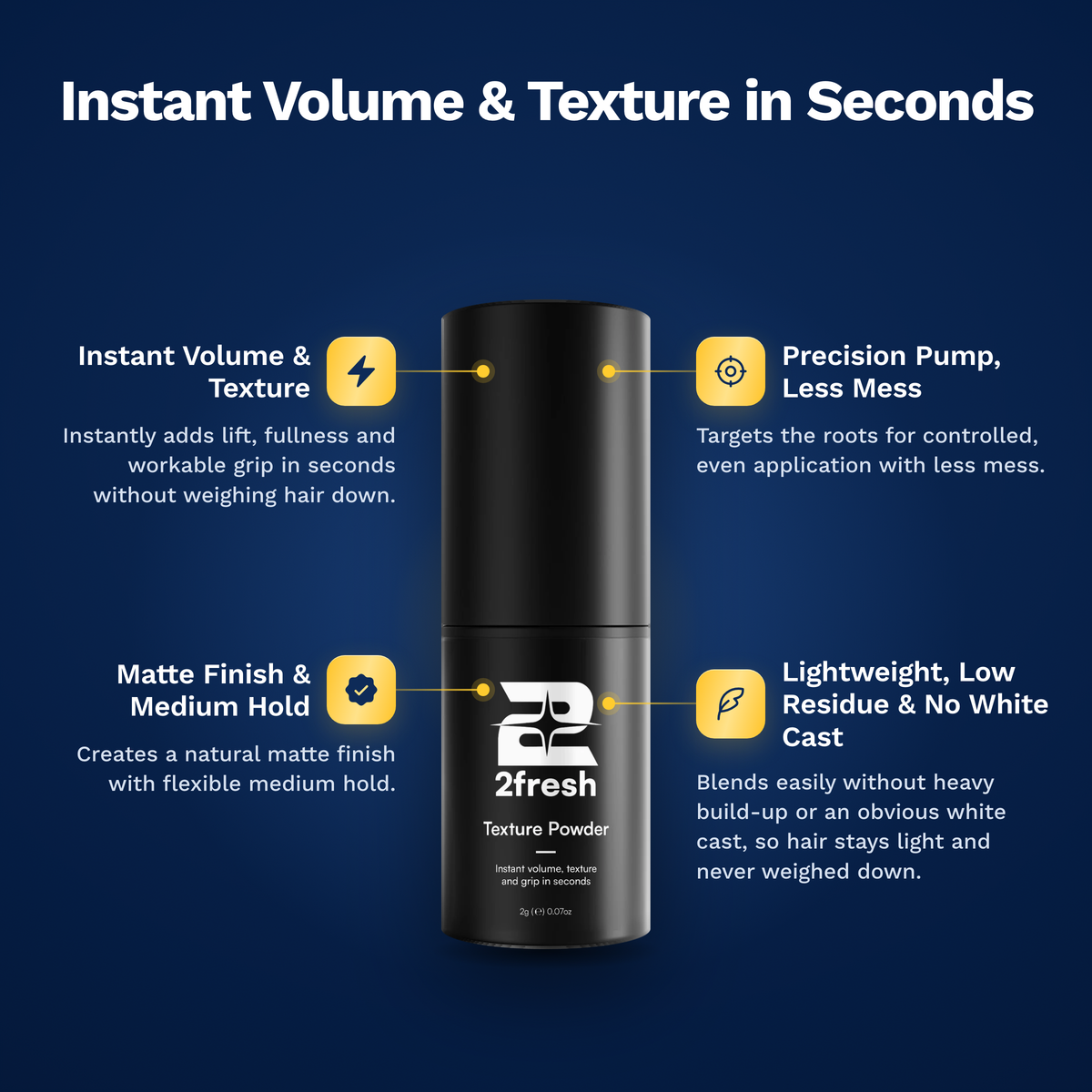 2fresh Texture Powder benefits: instant volume and texture, precision pump, matte finish and medium hold, lightweight with no white cast