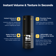 2fresh Texture Powder benefits: instant volume and texture, precision pump, matte finish and medium hold, lightweight with no white cast