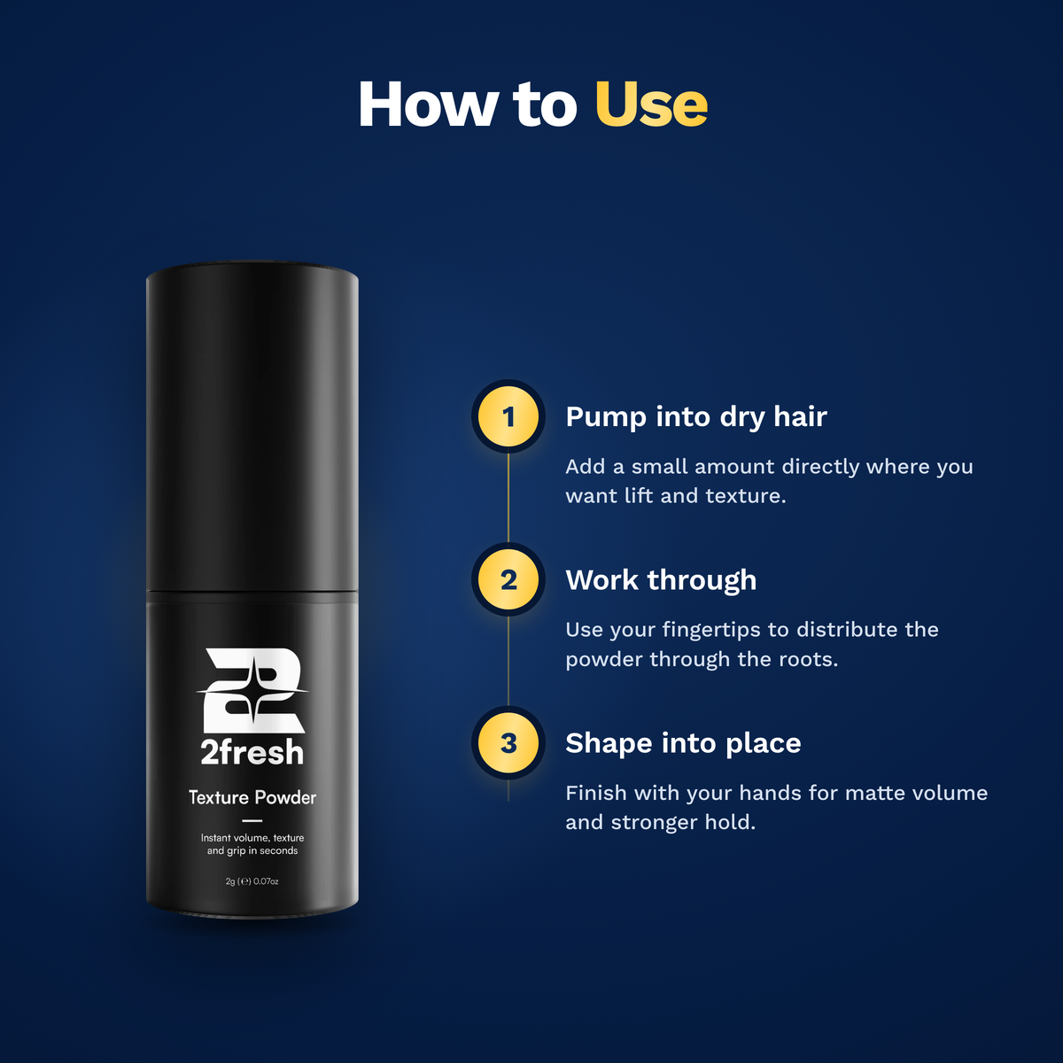 How to use 2fresh Texture Powder: pump into dry hair, work through, shape into place