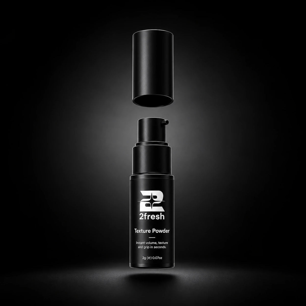 2fresh Texture Powder with cap lifted above the exposed pump on a black studio background