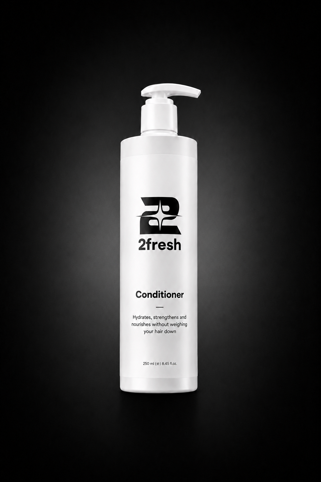 A tall white pump bottle of 2fresh Conditioner centered on a black gradient background.