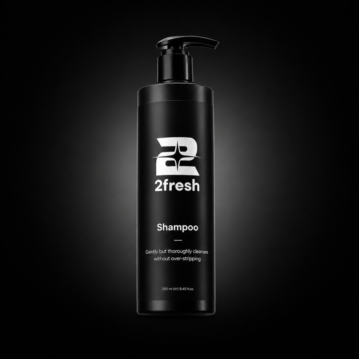 A tall black pump bottle of 2fresh Shampoo centered on a dark gradient background with a spotlight effect.