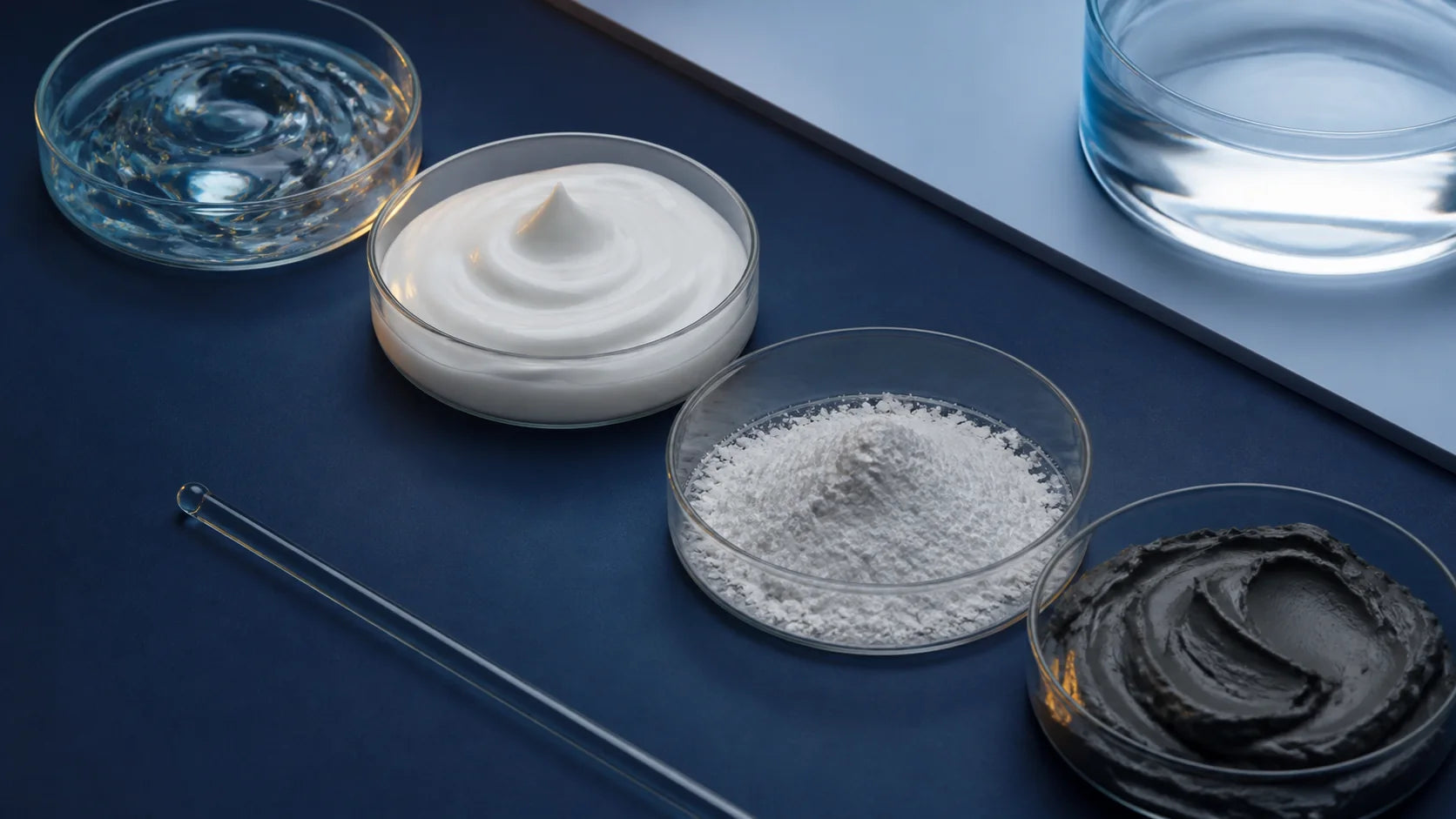 Haircare formula textures arranged in laboratory dishes
