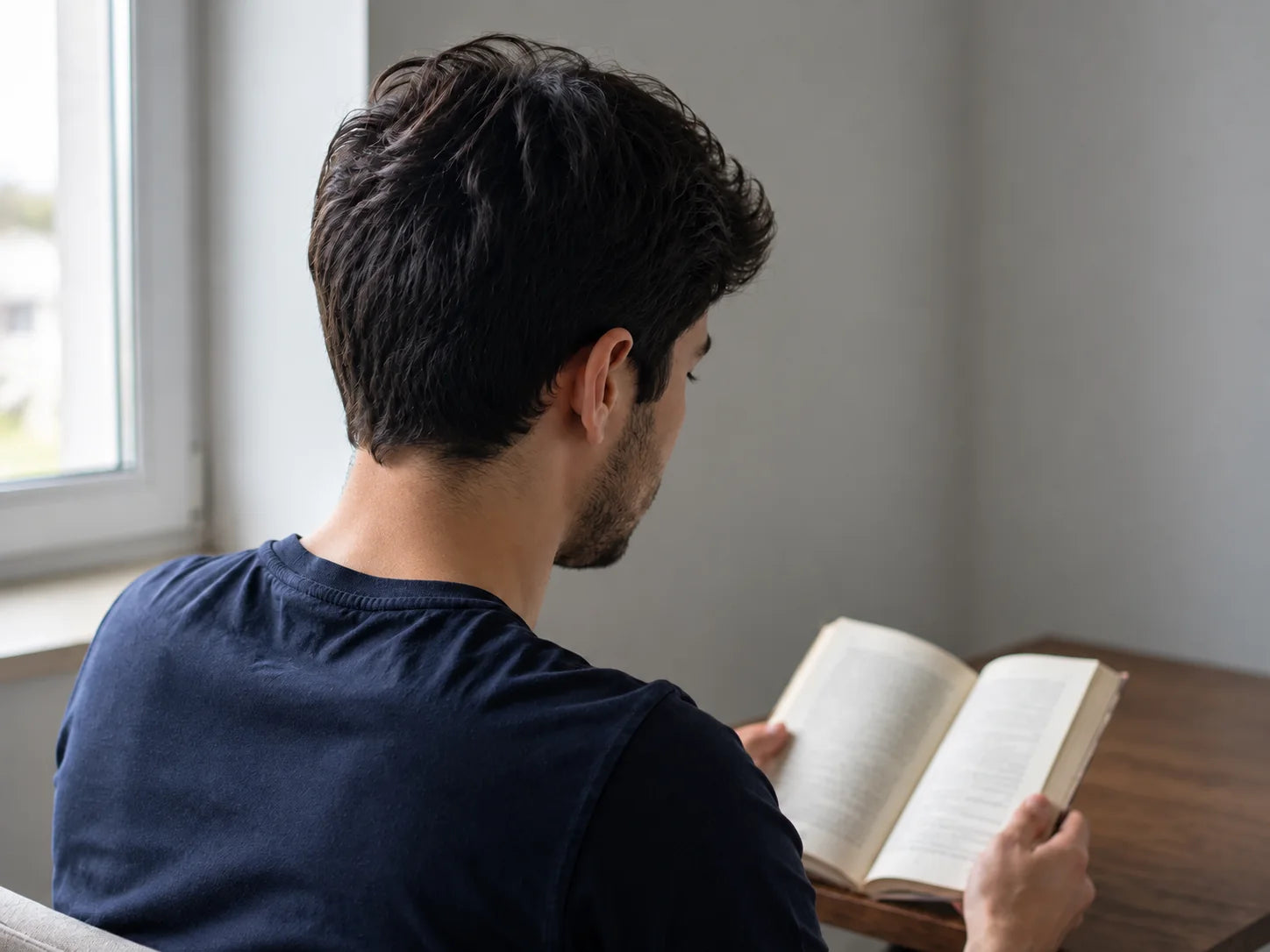 A man reading a book beside a window