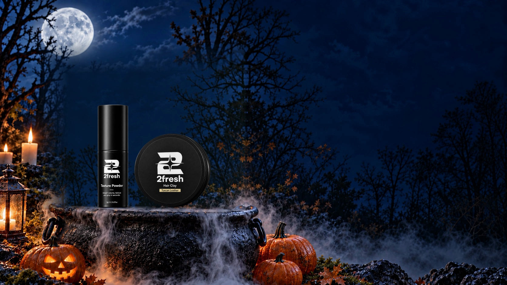 2Fresh Texture Powder and Hair Clay on a misty cauldron under a full moon, with pumpkins and candles