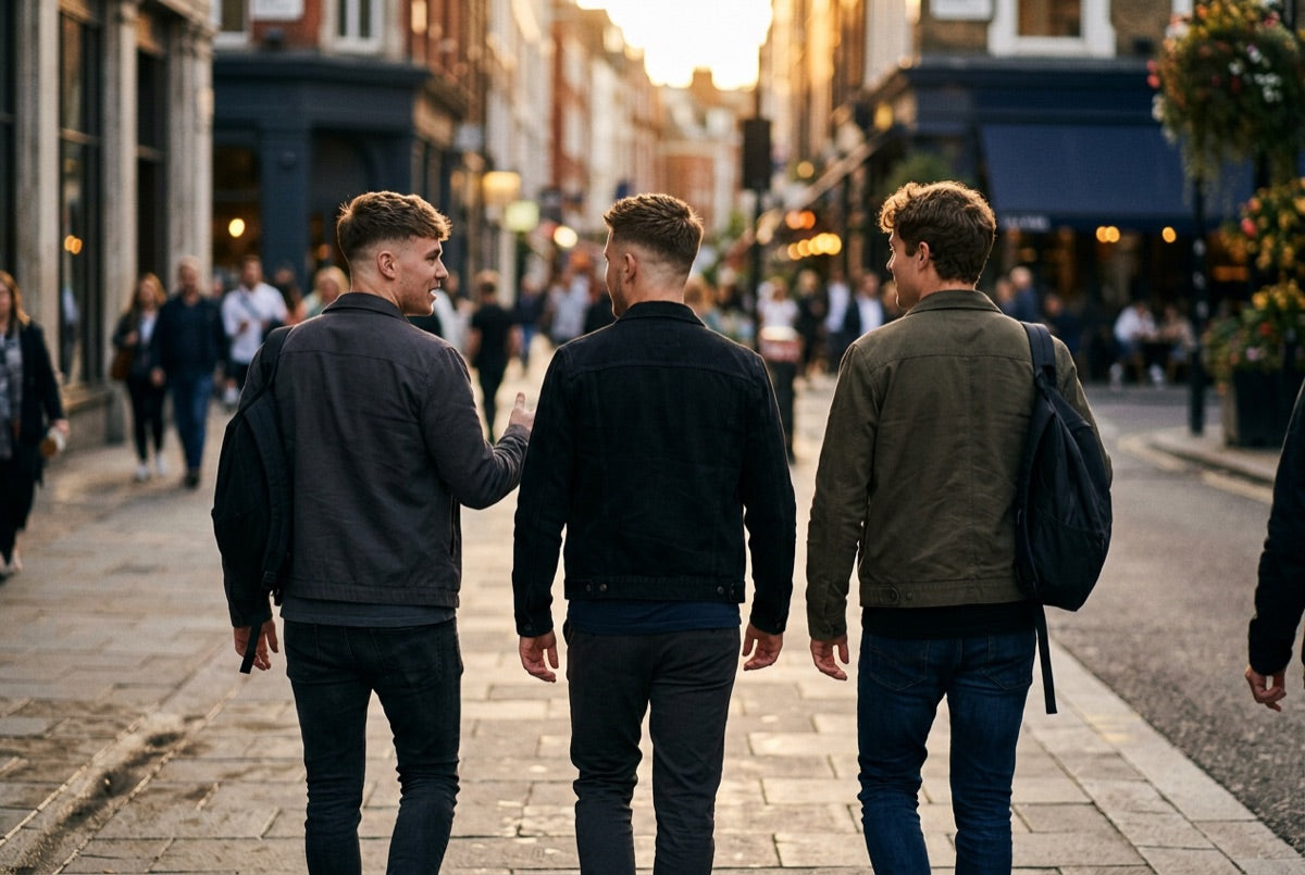 Three friends with fresh haircuts walking down a city street