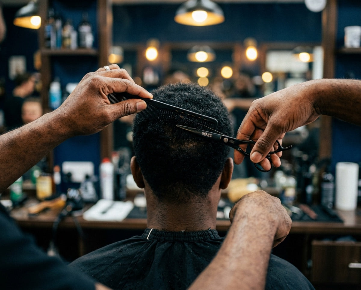 A barber cutting a client's hair with comb and scissors