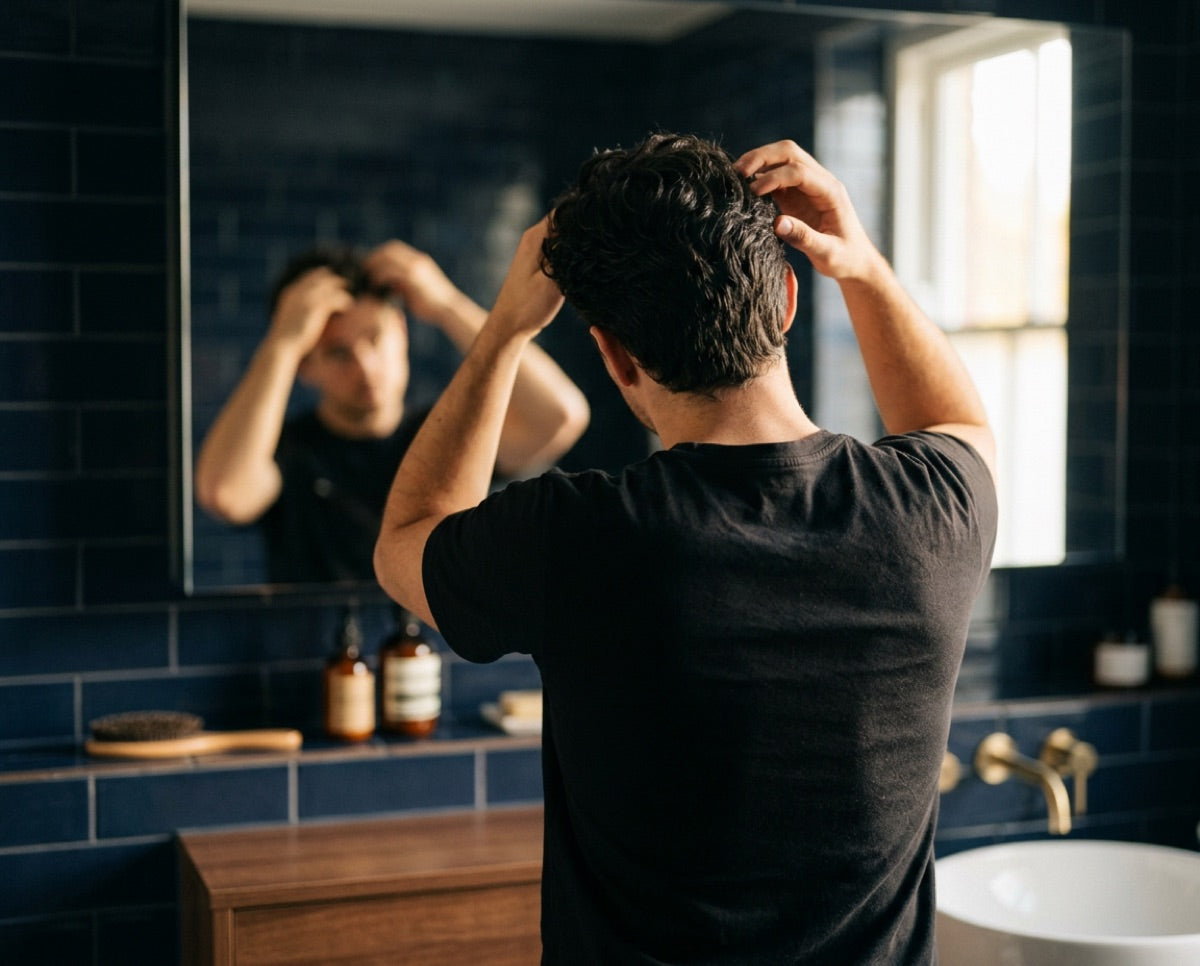 A man styling his hair at a bathroom mirror