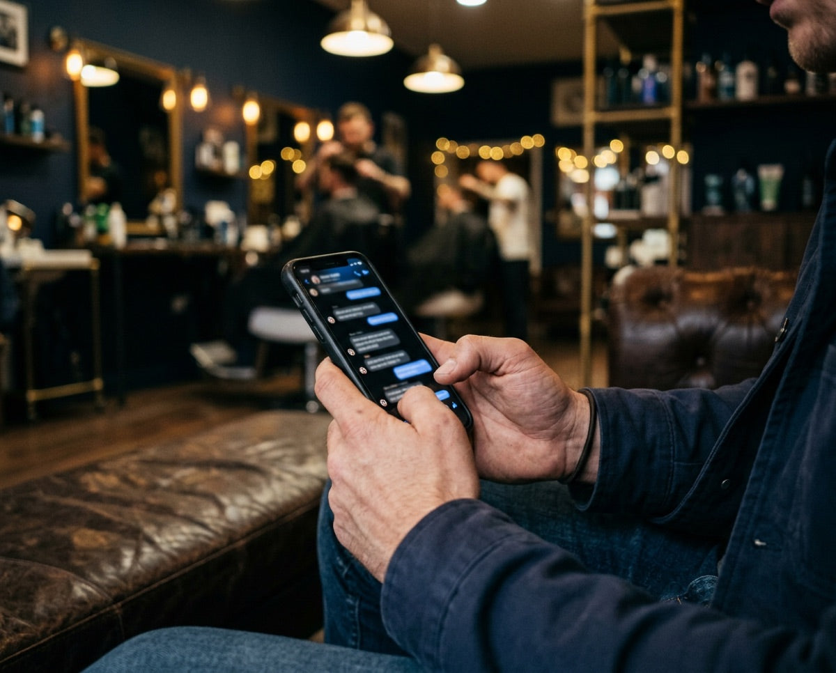 Hands holding a phone showing a group chat