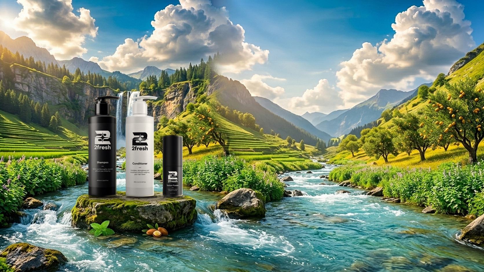 2fresh Shampoo, Conditioner and Texture Powder on a mossy rock in a sunlit alpine river, with a waterfall behind