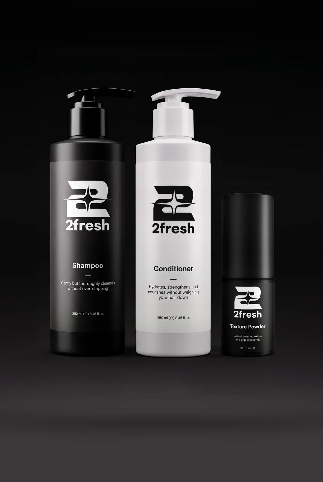 2fresh Shampoo, Conditioner and Texture Powder bottles